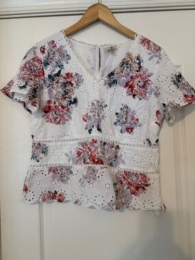 Versona White Eyelet Floral Peplum Top with Red & Pink Blooms